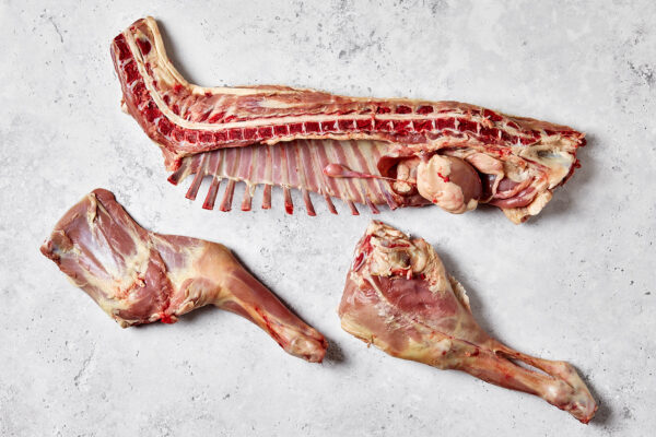 Cordero lechal. Pierna y paletilla marcada para asar y chuletas de lechal cortadas (5 kg. aprox.)
